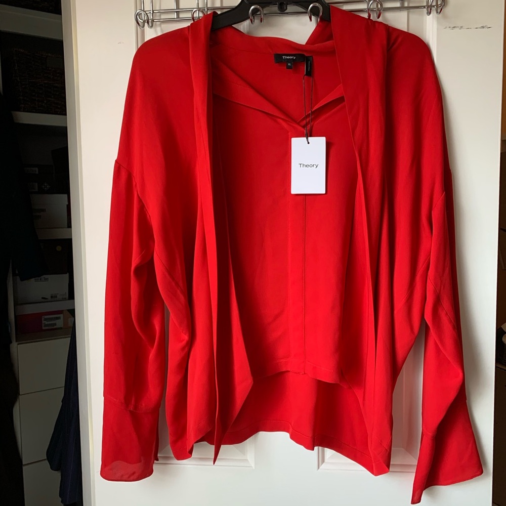 Theory size XL red top silk like blouse work draped long sleeve